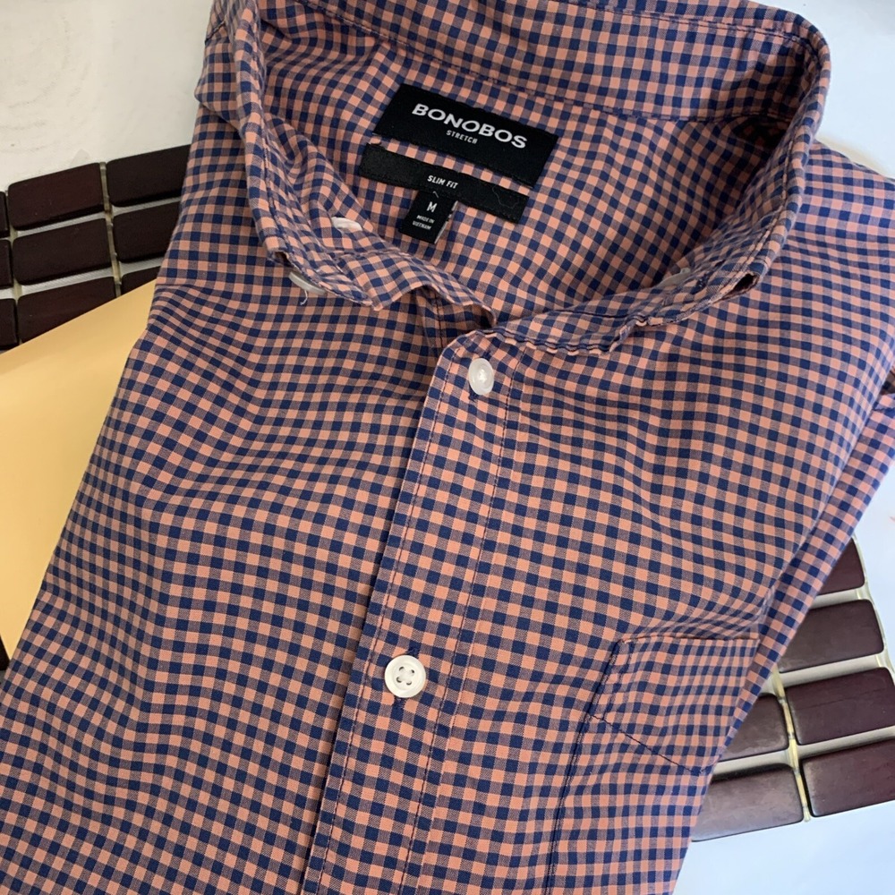 Bonobos Stretch Slim LS Pink Blue Plaid Pocket Button‎ Down Cotton Mens Shirt M